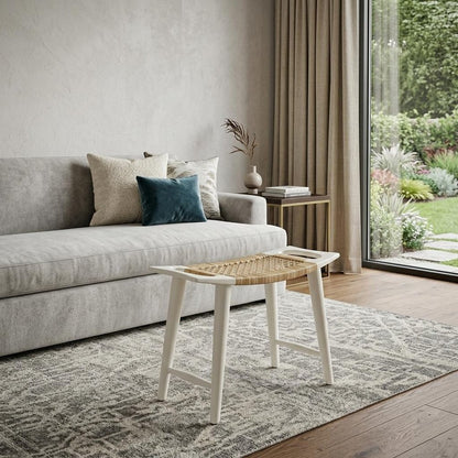 26" Natural and White Solid Wood Footstool