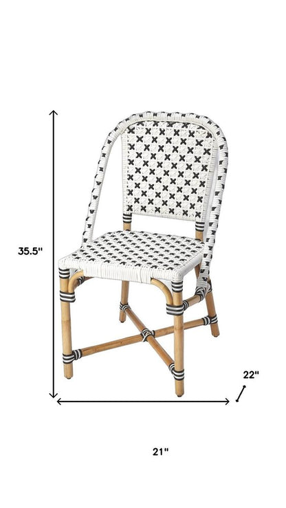 21" Black And White Woven Faux Rattan Outdoor Dining Chair