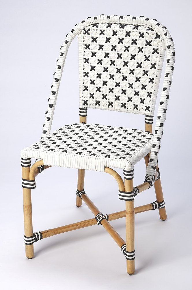 21" Black And White Woven Faux Rattan Outdoor Dining Chair