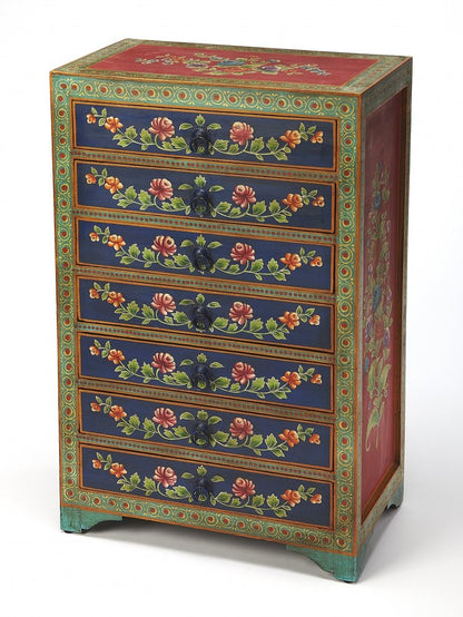 21" Blue and Green Solid Wood Seven Drawer Standard Chest