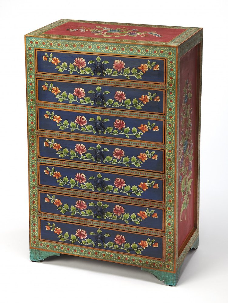 21" Blue and Green Solid Wood Seven Drawer Standard Chest