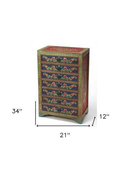 21" Blue and Green Solid Wood Seven Drawer Standard Chest