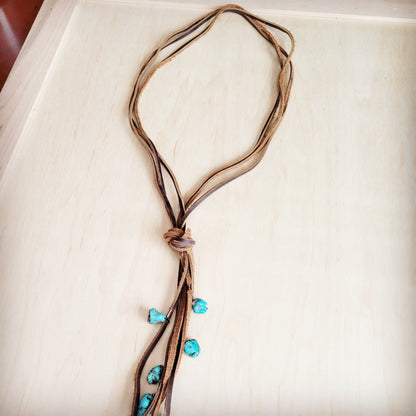 Rustic Knotted Leather Cord Necklace with Turquoise 263g