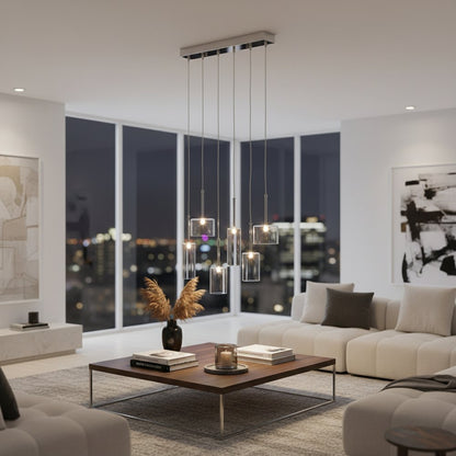 Silver Kitchen Island Six Light Metal LED Ceiling Light With Shades