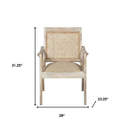 28" Cream and Natural Fabric Distressed Arm Chair
