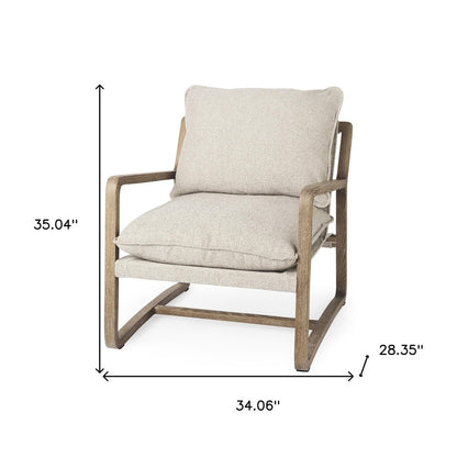 34" Beige And Wood Brown Fabric Lounge Chair