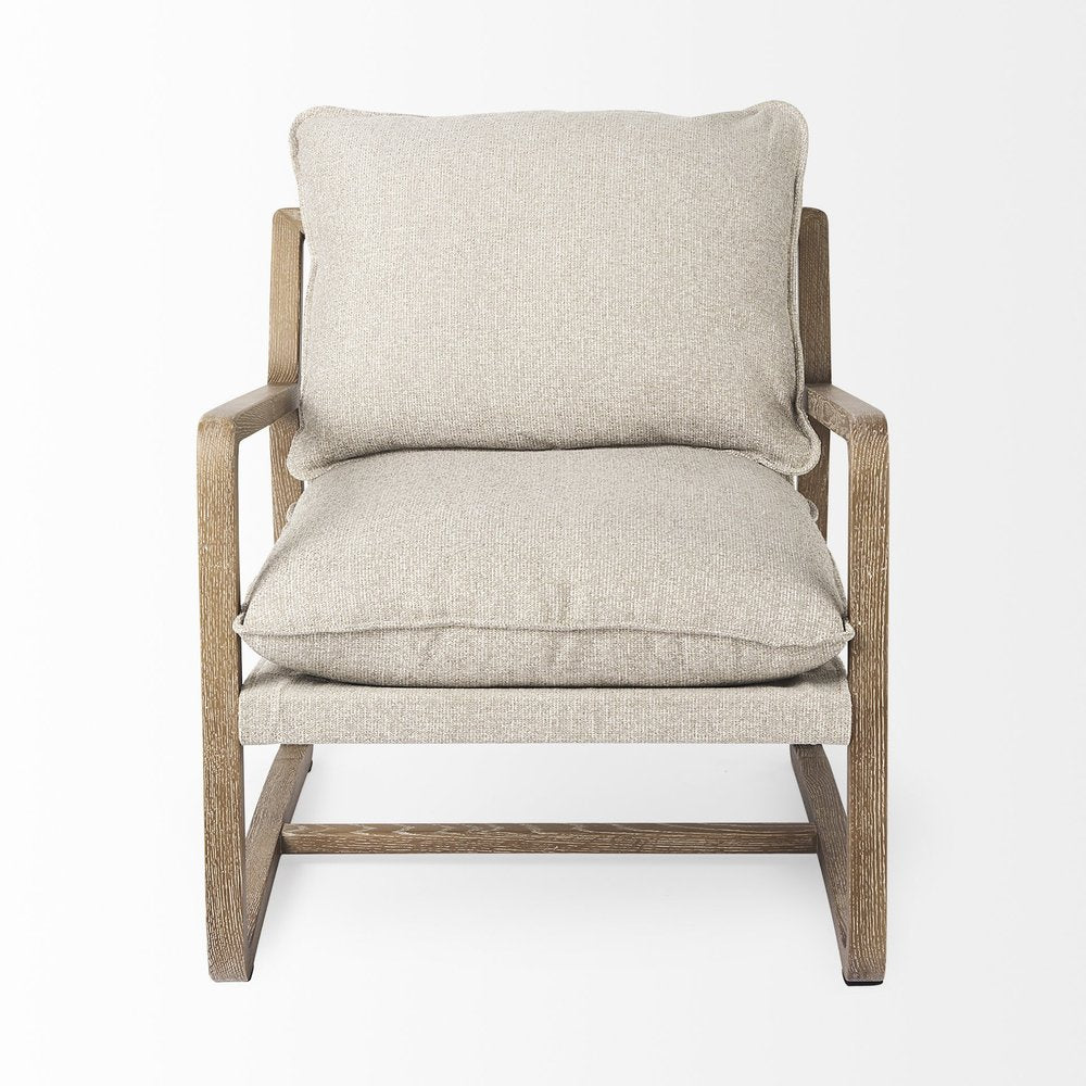34" Beige And Wood Brown Fabric Lounge Chair