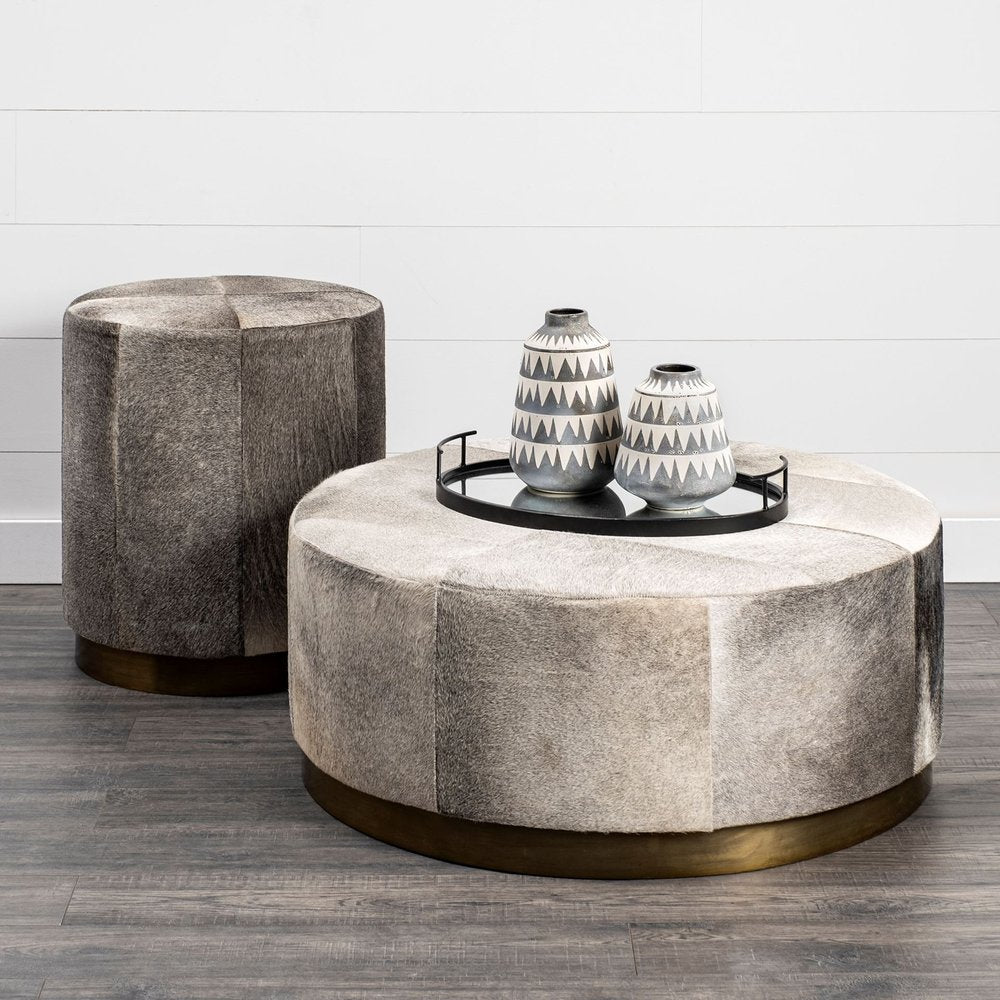 20" Gray Wool And Brown Footstool Ottoman