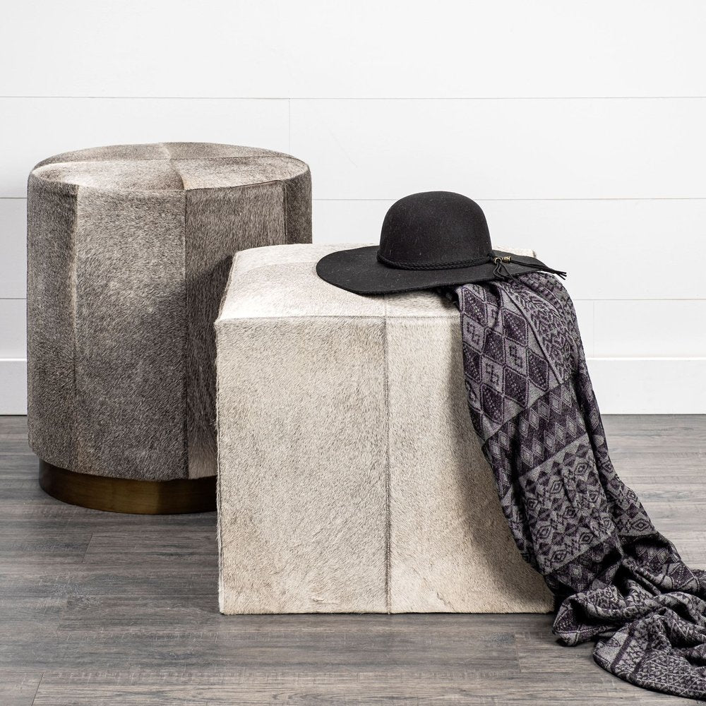 20" Gray Wool And Brown Footstool Ottoman