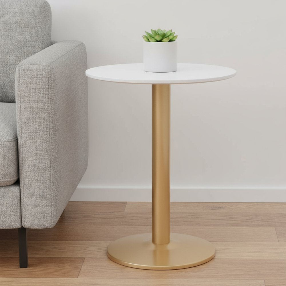 30" White and Gold Wood and Steel Pedestal End Table