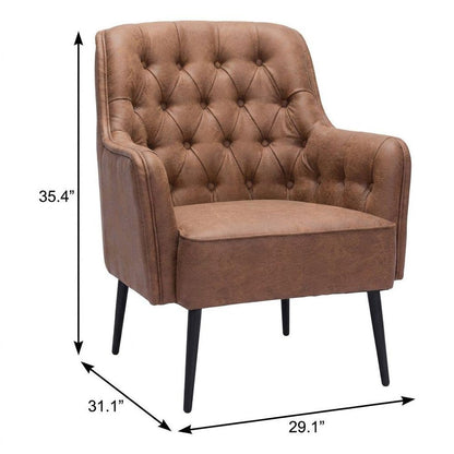 29" Brown And Black Faux Leather And Upholstered Tufted Chesterfield Chair