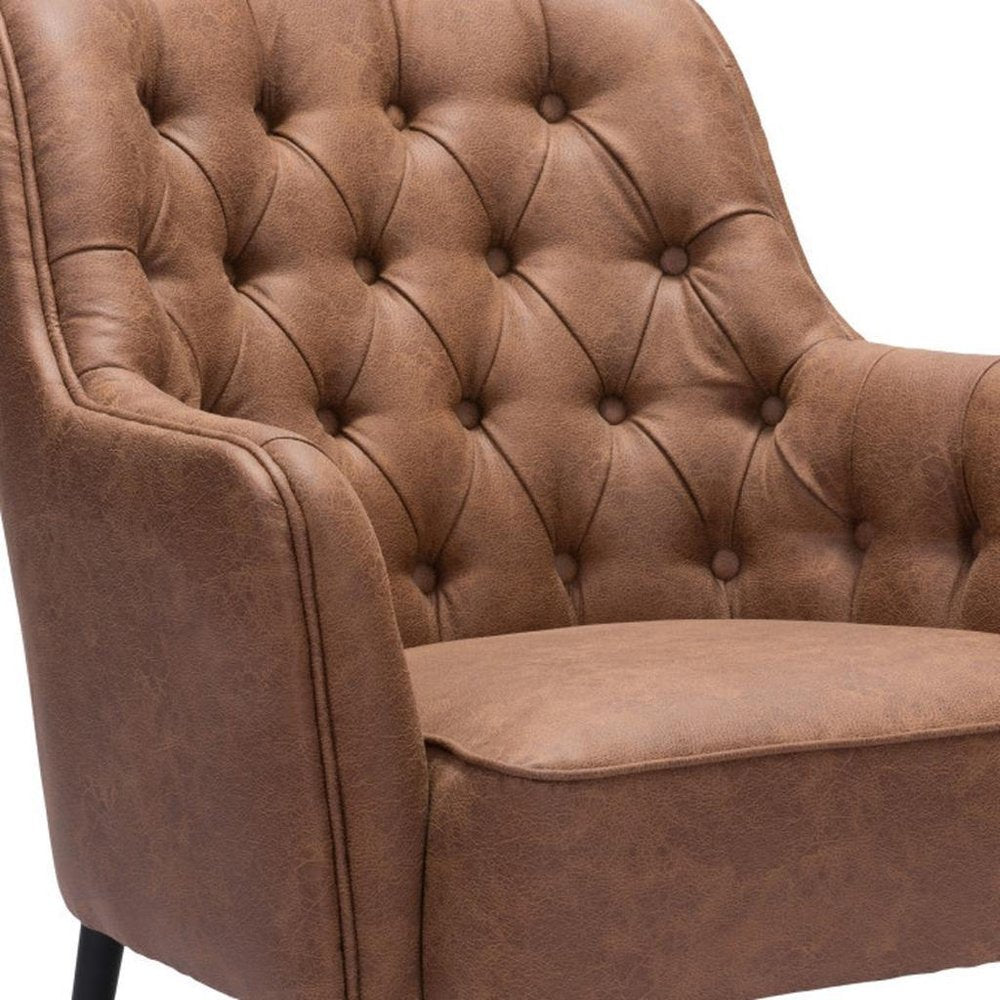 29" Brown And Black Faux Leather And Upholstered Tufted Chesterfield Chair