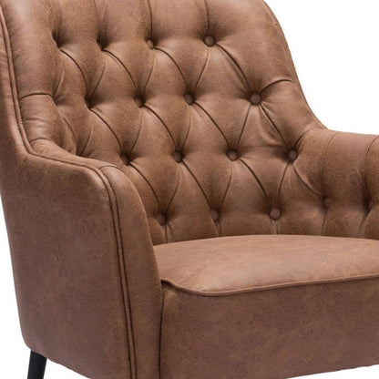 29" Brown And Black Faux Leather And Upholstered Tufted Chesterfield Chair