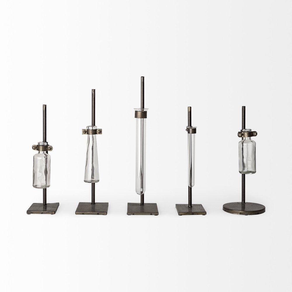 Set of Two Dark Brown Abstract Metal Cylinder Table Vases