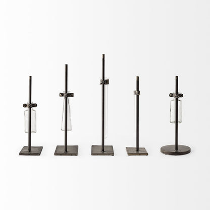 Set of Two Dark Brown Abstract Metal Cylinder Table Vases