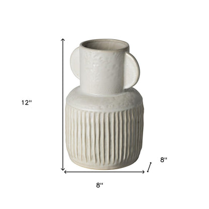 12" White Ribbed Ceramic Cylinder Table Vase