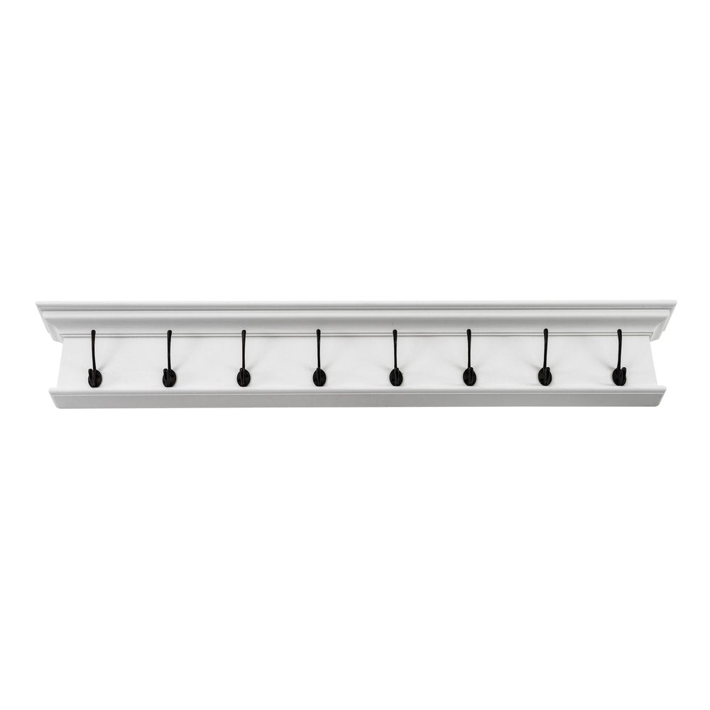 51" White Solid Wood Eight Hook Wall Mount Coat Rack