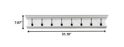 51" White Solid Wood Eight Hook Wall Mount Coat Rack