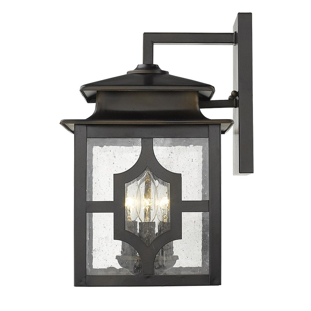 Black And Clear Three Light Seeded Dimmable Outdoor Hanging Lights With Bronze Shades