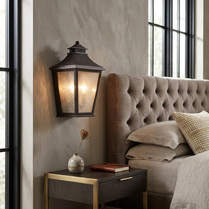 Black And Clear Two Light Transparent Dimmable Outdoor Hanging Lights With Antiqued Brass Shades