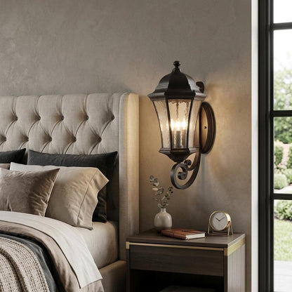 Black And Clear Three Light Hammered Dimmable Outdoor Hanging Lights With Black Shades