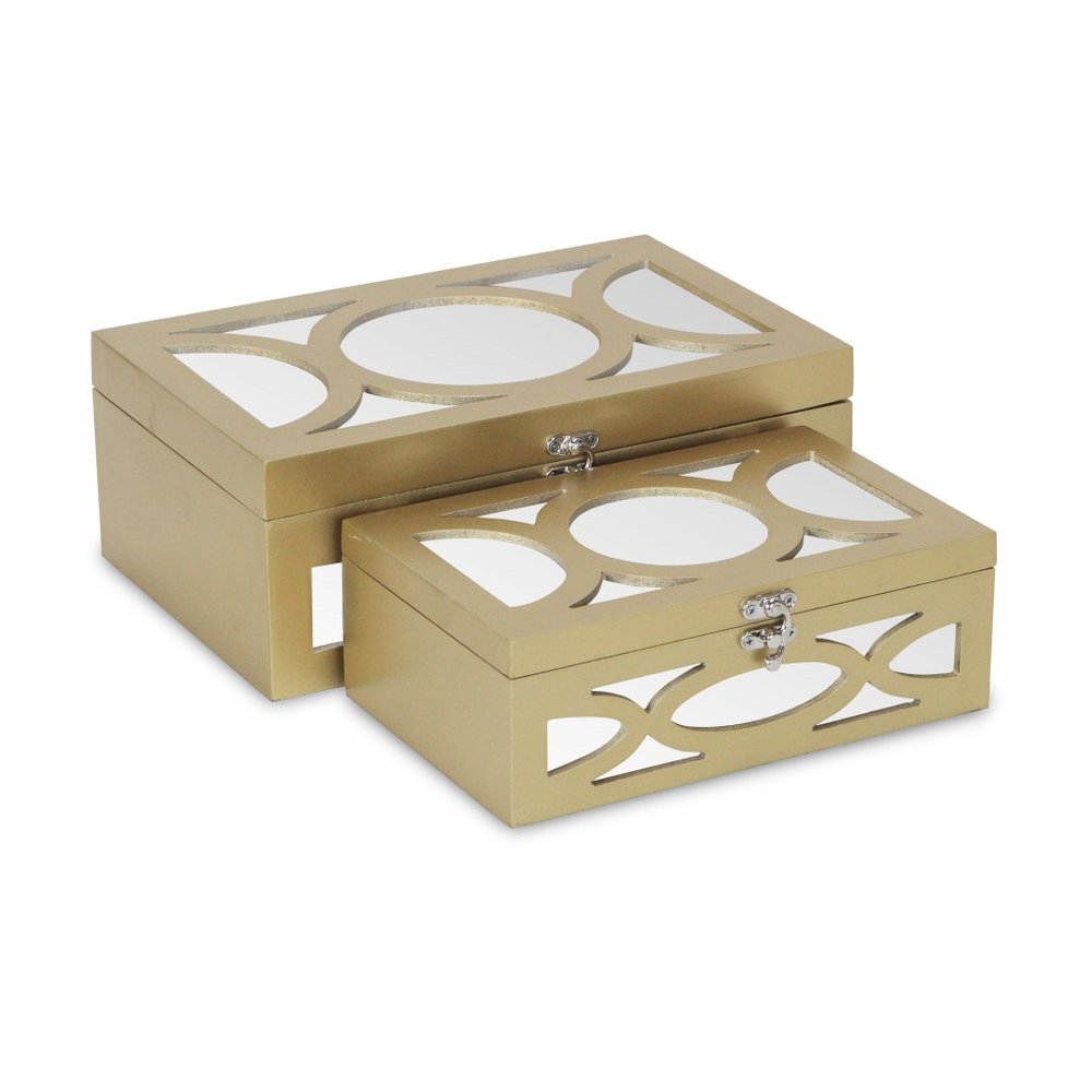 Set of Two Gold Oval Scroll Mirror Jewelry Storage Boxes