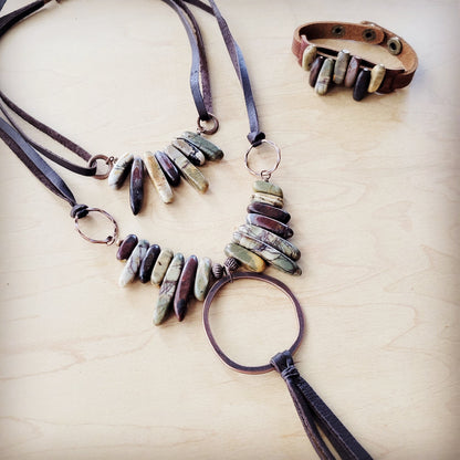 Picasso Jasper Necklace w/ Copper Hoop & Leather Tassel 261e