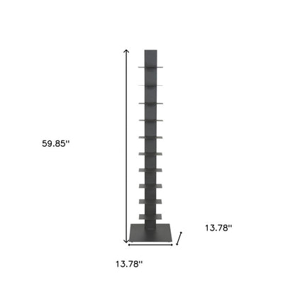 60" Dark Gray Metal Ten Shelf Modern Tower Bookcase
