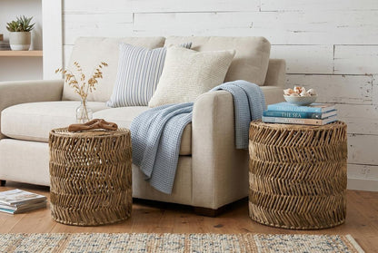 Set Of Two 18" Natural Woven Rattan End Tables