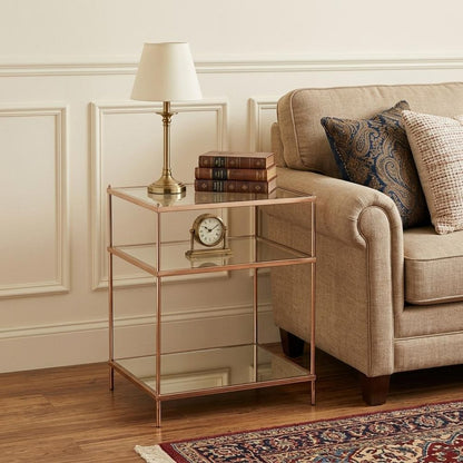 27" Gold And Clear Glass And Iron End Table With Mirrored Shelf
