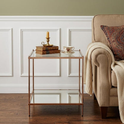 22" Clear And Gold Glass And Iron Square End Table With Shelf