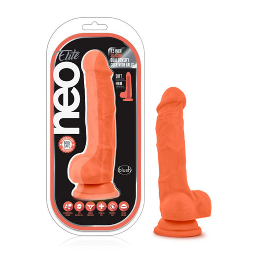 NEO ELITE 7.5IN SILICONE DUAL DENSITY COCK W/ BALLS NEON ORANGE