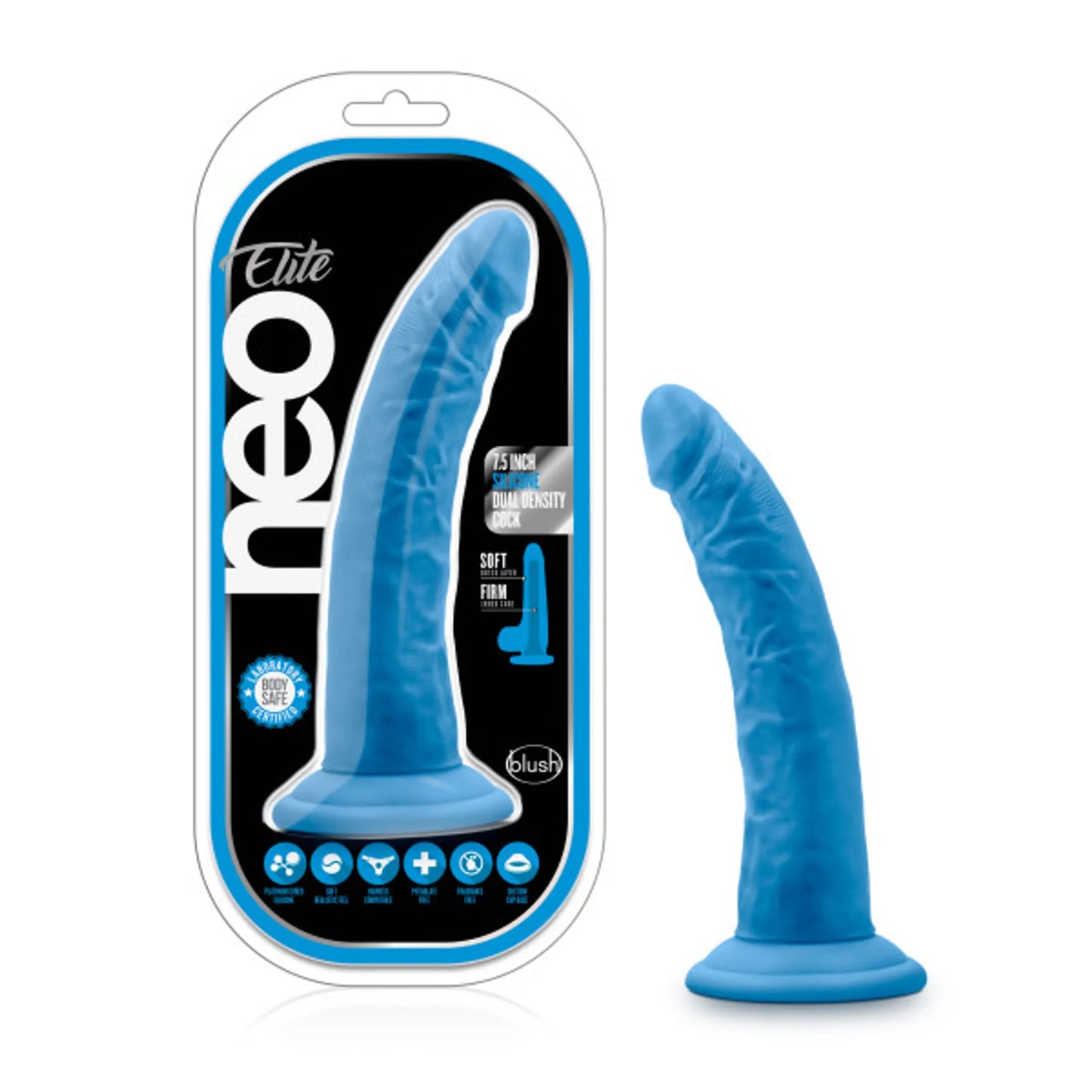NEO ELITE 7.5IN SILICONE DUAL DENSITY COCK NEON BLUE