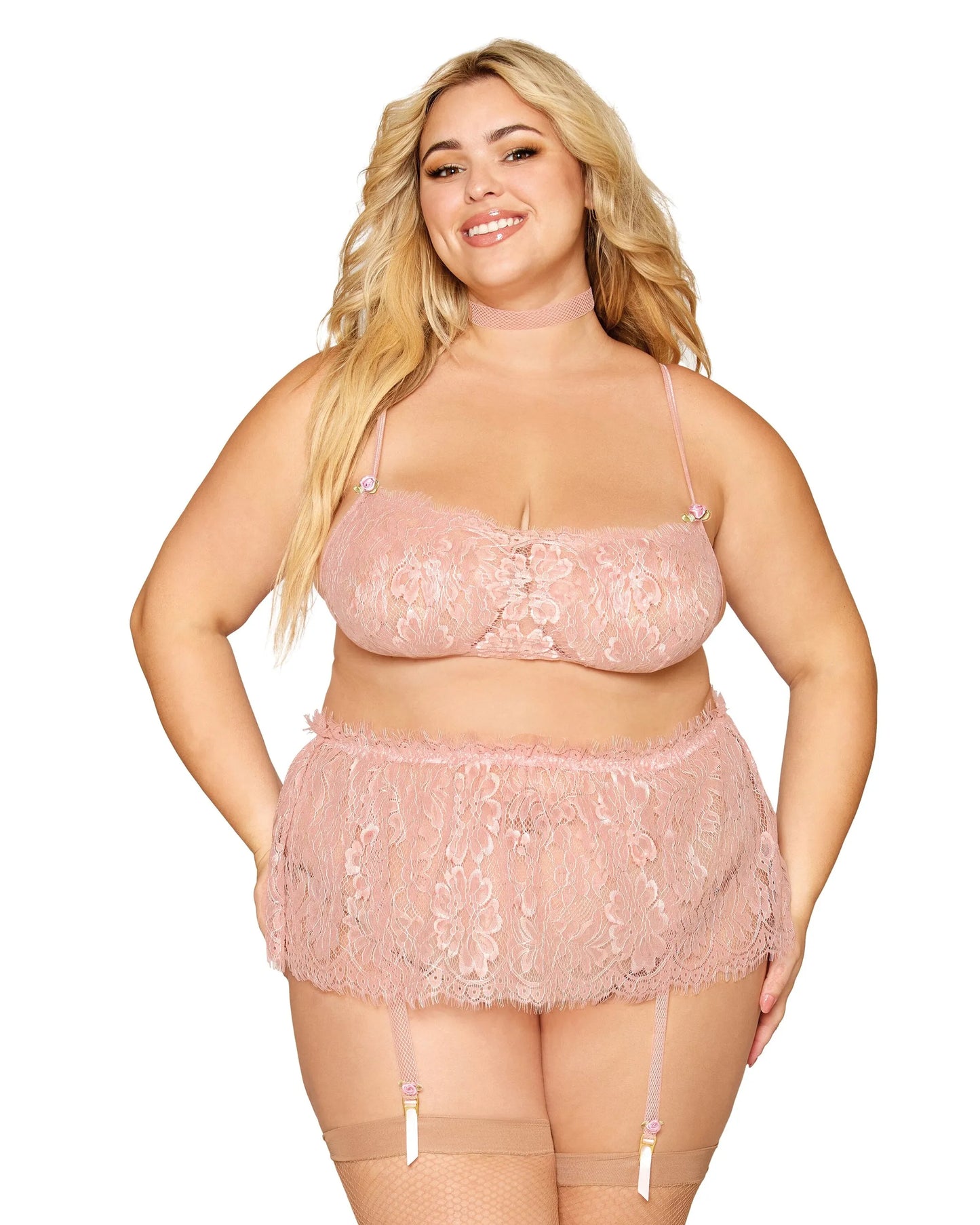 EYELASH LACE BRALETTE GARTER SKIRT SET ROSE QUARTZ Q/S