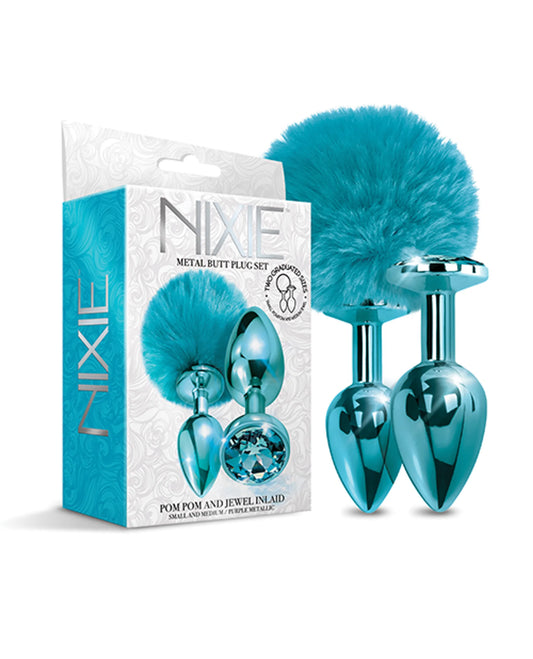 NIXIE METAL BUTT PLUG SET POM POM & JEWEL BLUE METALLIC