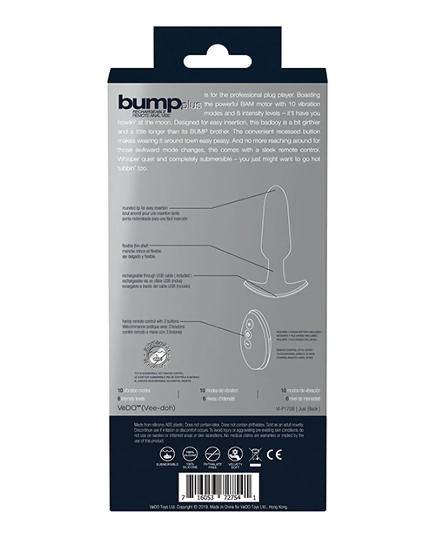 VEDO BUMP PLUS RECHARGEABLE REMOTE CONTROL ANAL VIBE JUST BLACK