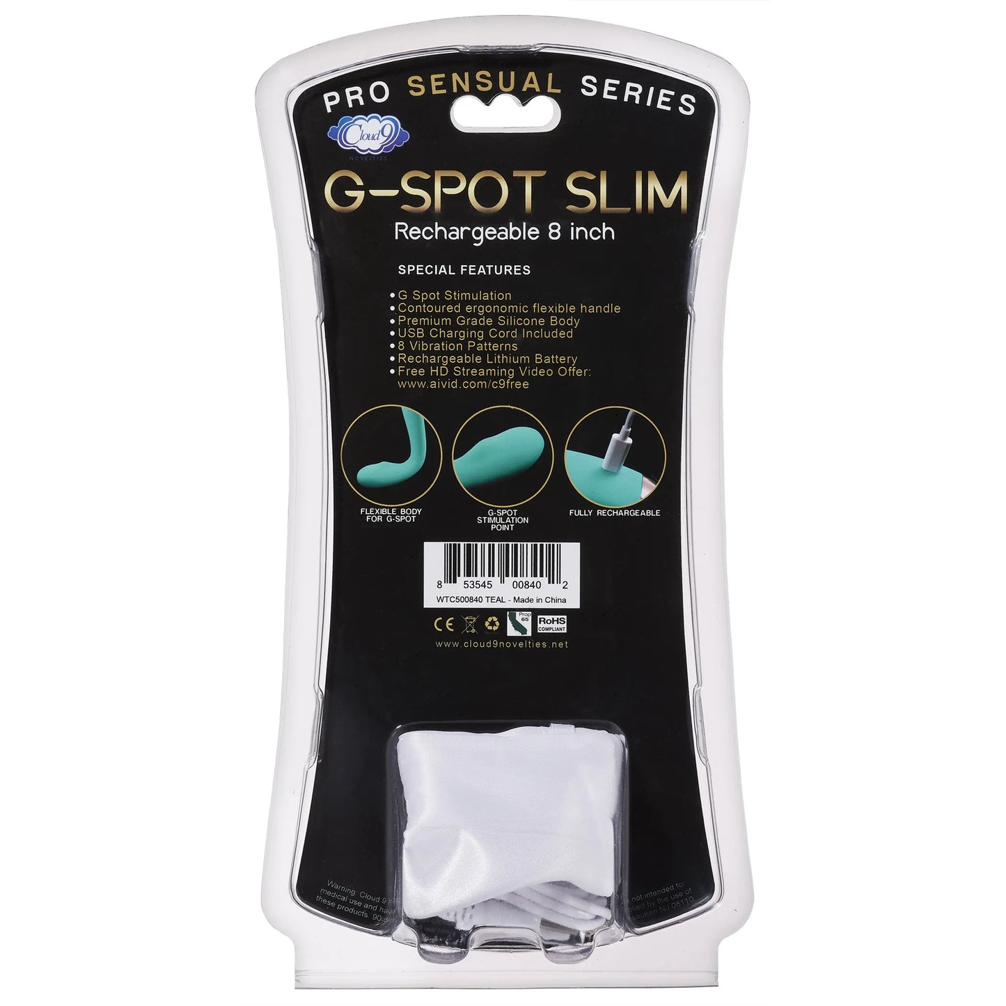 CLOUD 9 RECHARGEABLE G-SPOT SLIM 8IN SINGLE MOTOR TEAL
