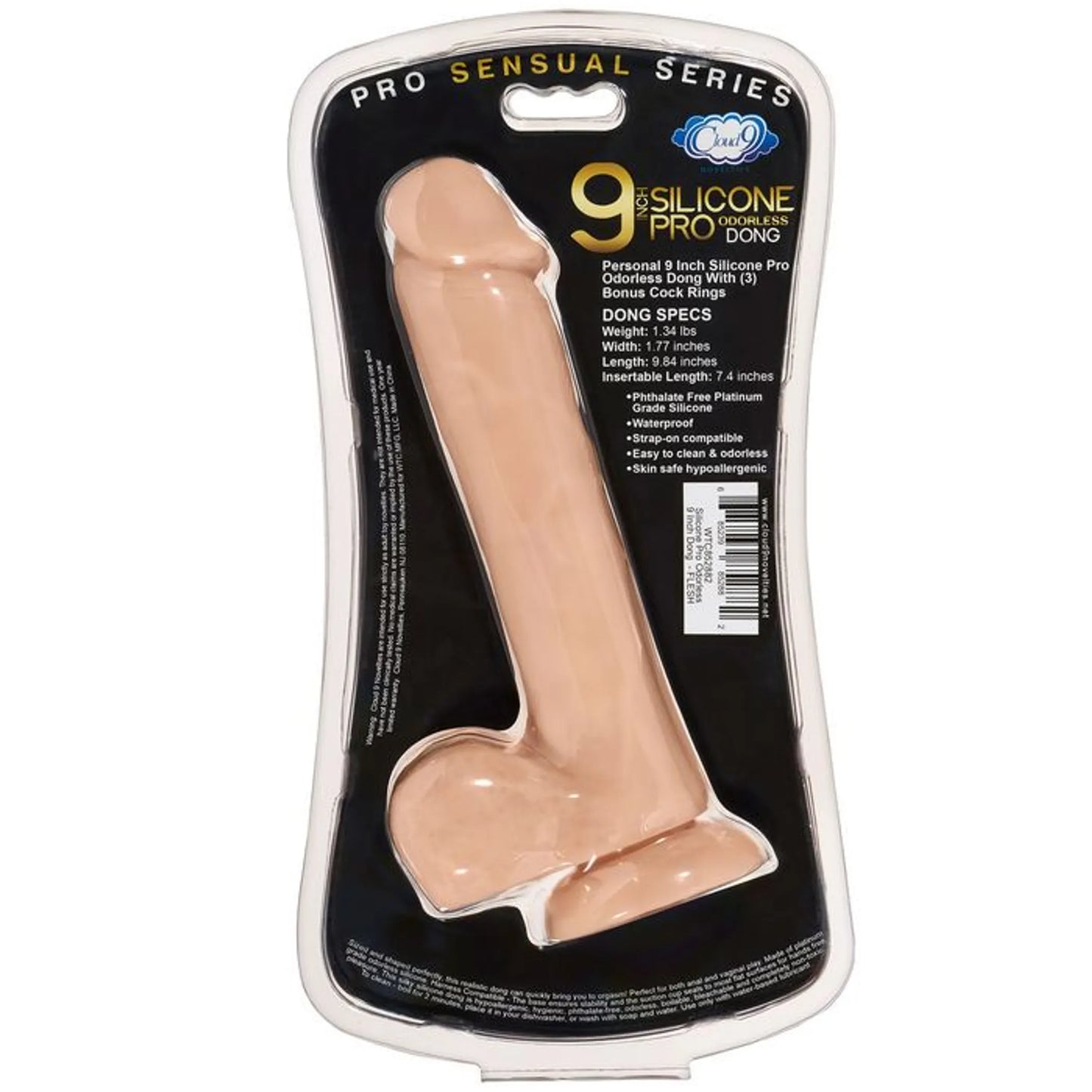 PRO SENSUAL PREMIUM SILICONE DONG W/ 3 C RINGS LIGHT 9 "
