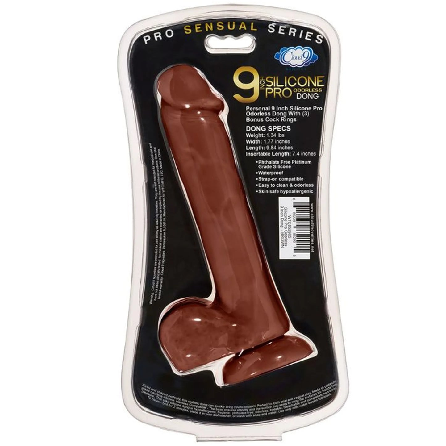 PRO SENSUAL PREMIUM SILICONE DONG W/ 3 C RINGS BROWN 9 "