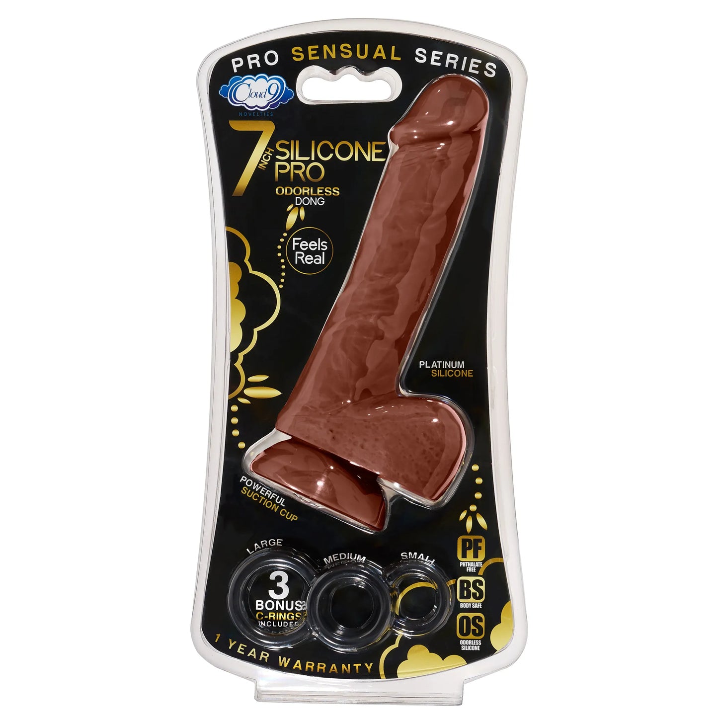 PRO SENSUAL PREMIUM SILICONE DONG W/ 3 C RINGS BROWN 7 "