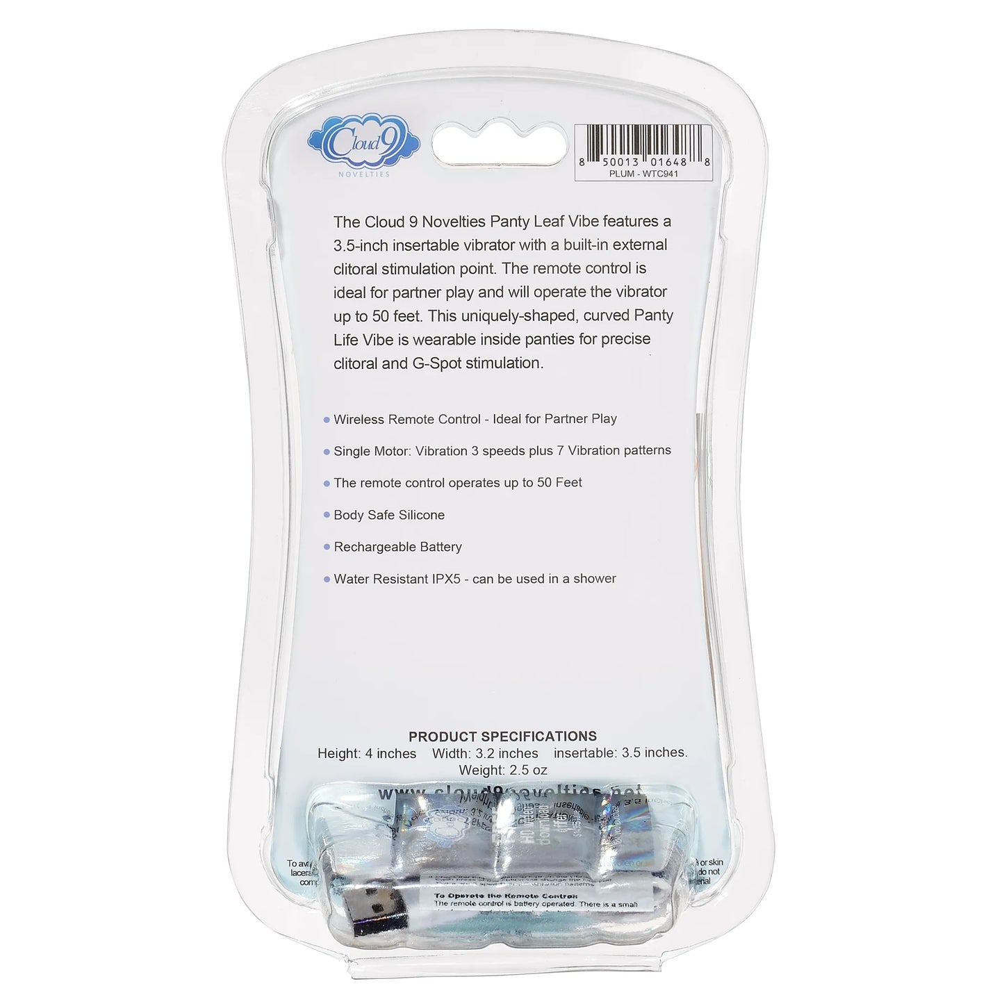 CLOUD 9 HEALTH & WELLNESS WIRELESS REMOTE CONTROL PANTY LEAF" VIBE - PLUM"