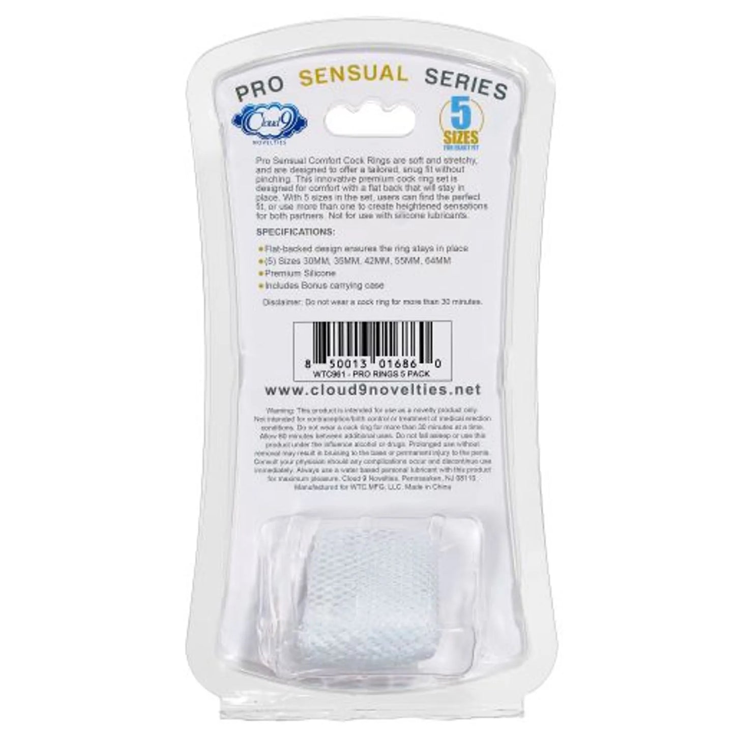 CLOUD 9 COMFORT COCK RINGS W/FLAT BACK 5-PK PRO SENSUAL LINE