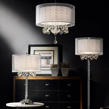 63" Silver Three Light Candelabra Floor Lamp With White Fabric Drum Shade