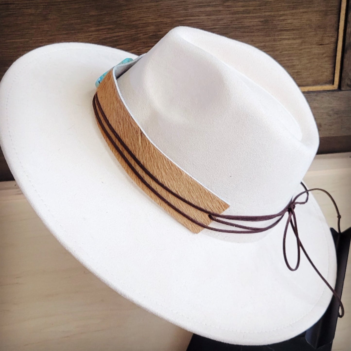 Wide Leather Hair Hide Tan Hat Band w/ Turq 954a