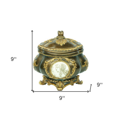 9" Bronze Gold And White Resin Floral Scroll Jewelry Box With Lacquer and High-Gloss Finishes