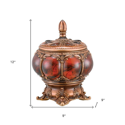 9" Brown Red And Bronze Resin Marbleized Jewelry Box With Gemstones and Crystals