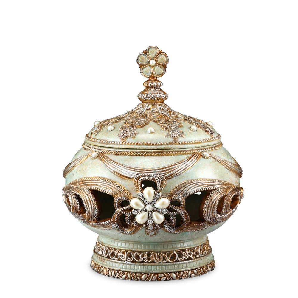 9" Bronze Gold And Light Green Resin Floral Scroll Jewelry Box With Gemstones and Crystals