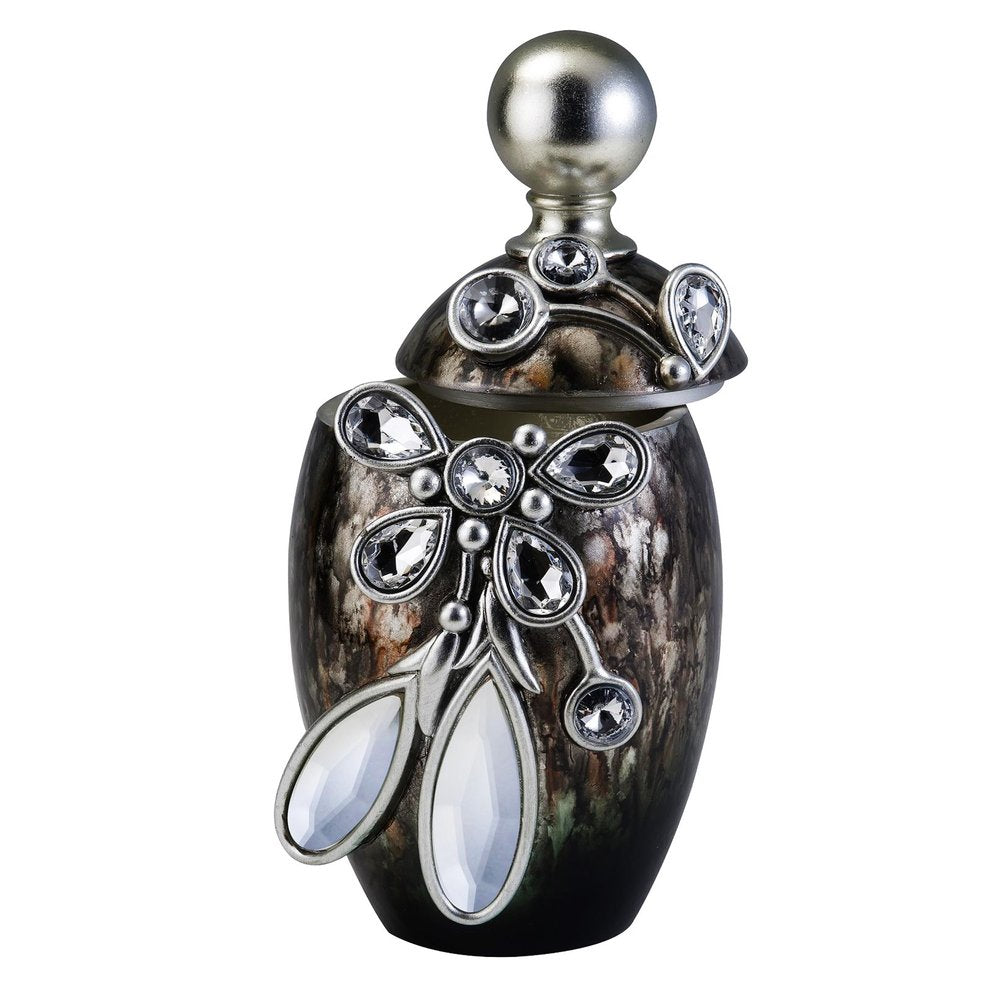 6" Brown Gold And Silver Resin Floral Scroll Jewelry Box With Gemstones and Crystals