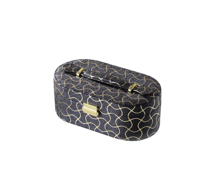 10" Black And Gold Faux Leather Abstract Scroll Jewelry Box Travel Case With Mirror