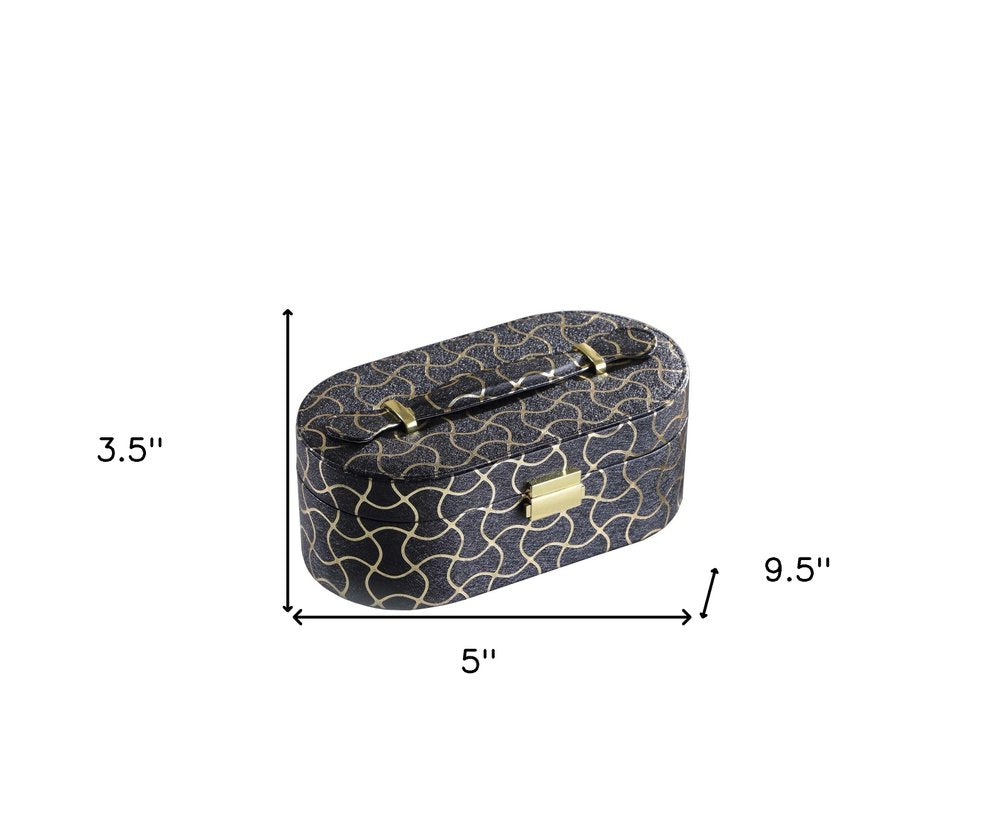 10" Black And Gold Faux Leather Abstract Scroll Jewelry Box Travel Case With Mirror